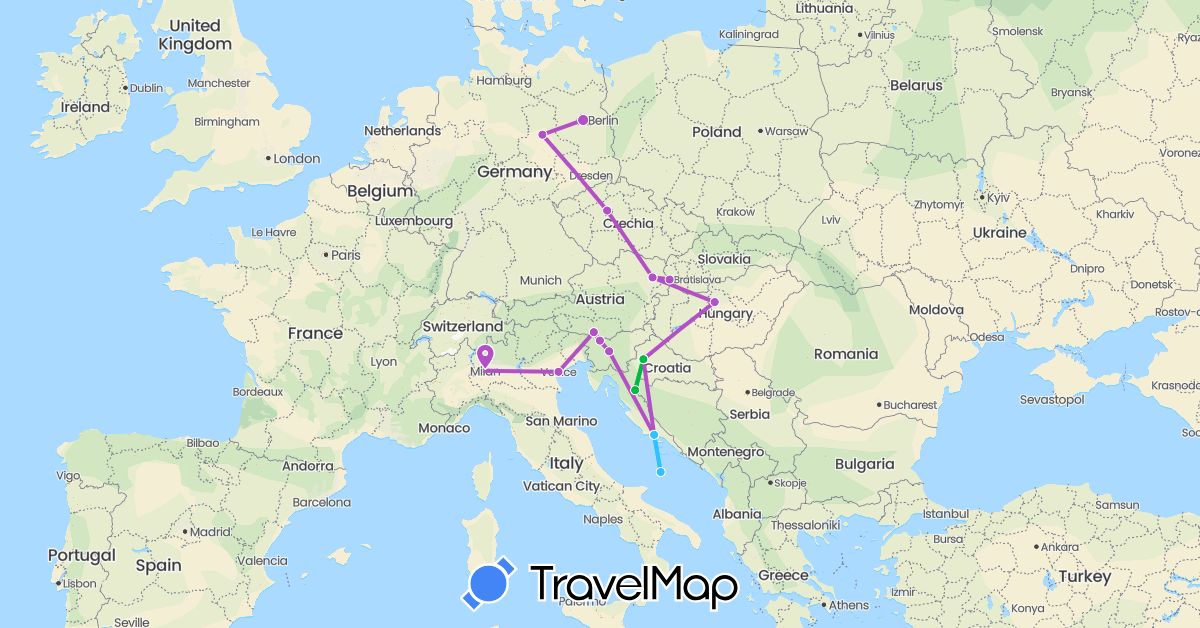 TravelMap itinerary: driving, bus, train, boat in Austria, Czech Republic, Germany, Croatia, Hungary, Italy, Slovenia, Slovakia (Europe)